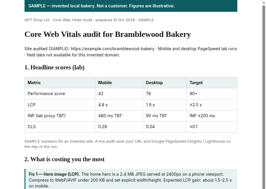 SAMPLE audit page showing Core Web Vitals scores